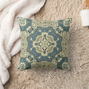 Teal Blue Green Gray Ochre Hip Bohemian Bali Art Throw Pillow