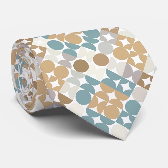 Teal Blue Green Gray Taupe Beige Art Pattern Neck Tie (Rolled)