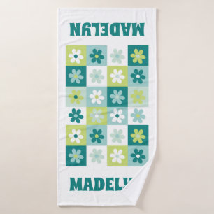 Teal Blue & Green Groovy Daisy Checkerboard Bath Towel
