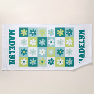 Teal Blue Green Groovy Daisy Checkerboard Beach Towel