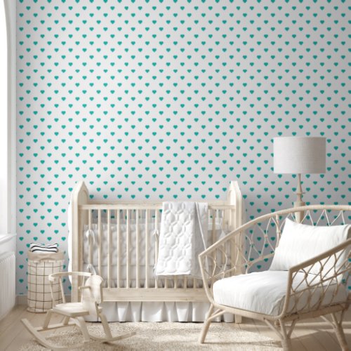 Teal Blue Green Hearts on White  Wallpaper