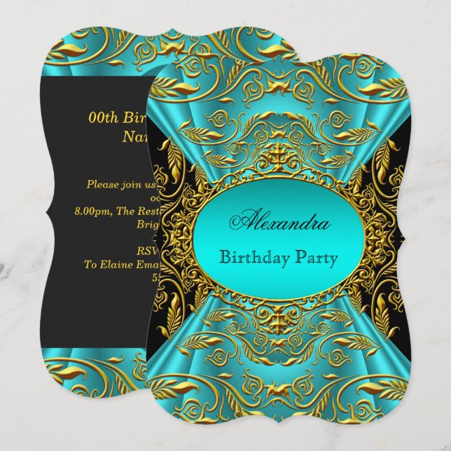 Teal Blue Green Jade Black Floral Birthday Party Invitation (Front/Back)