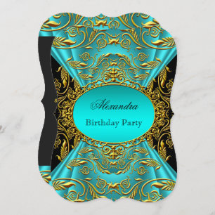 Teal Blue Green Jade Black Floral Birthday Party Invitation