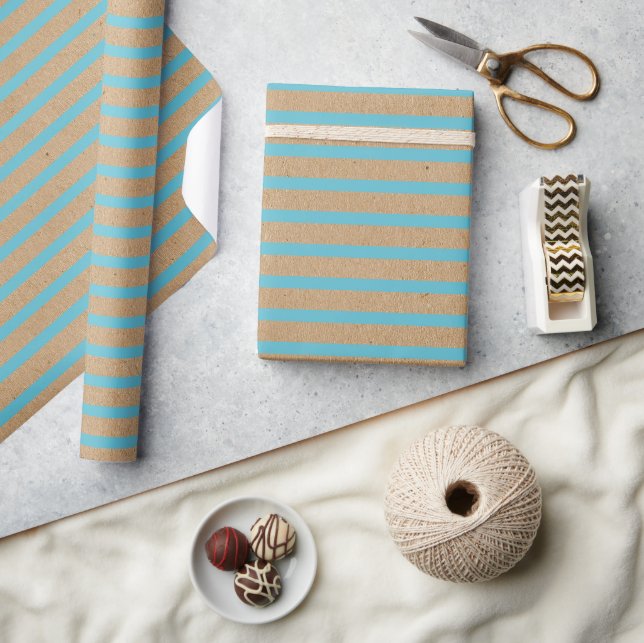 Teal Blue Green Lines Faux Rustic Brown Kraft Wrapping Paper (Crafts)