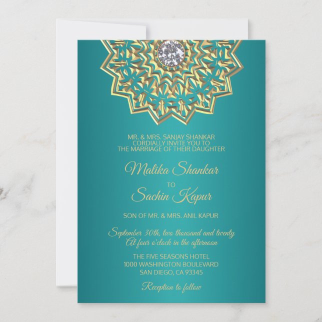 Teal Blue Green Mandala Gold Indian Wedding Invitation (Front)