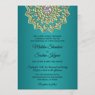 Teal Blue Green Mandala Gold Indian Wedding Invitation