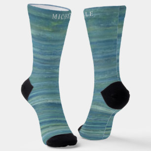 Teal Blue Green Marble Lines Striped Custom Name Socks