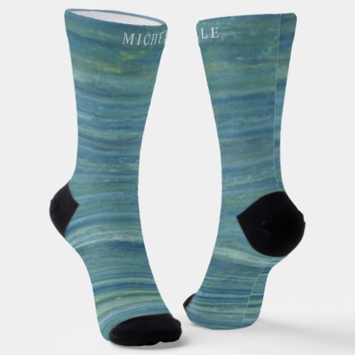 Teal Blue Green Marble Lines Striped Custom Name  Socks