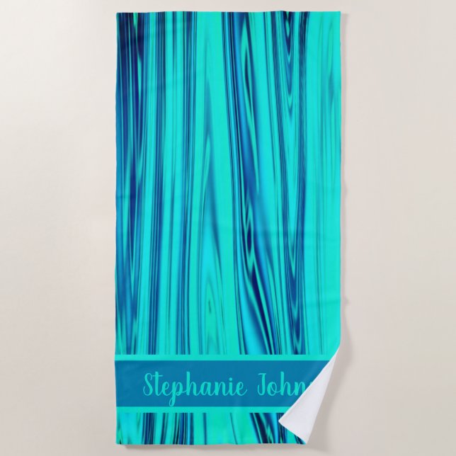 Teal Blue Green Ocean Wave Abstract Monogram Name Beach Towel (Front)