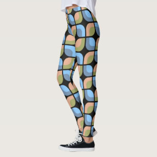 Teal Blue Green Orange Midcentury Circles Pattern Leggings
