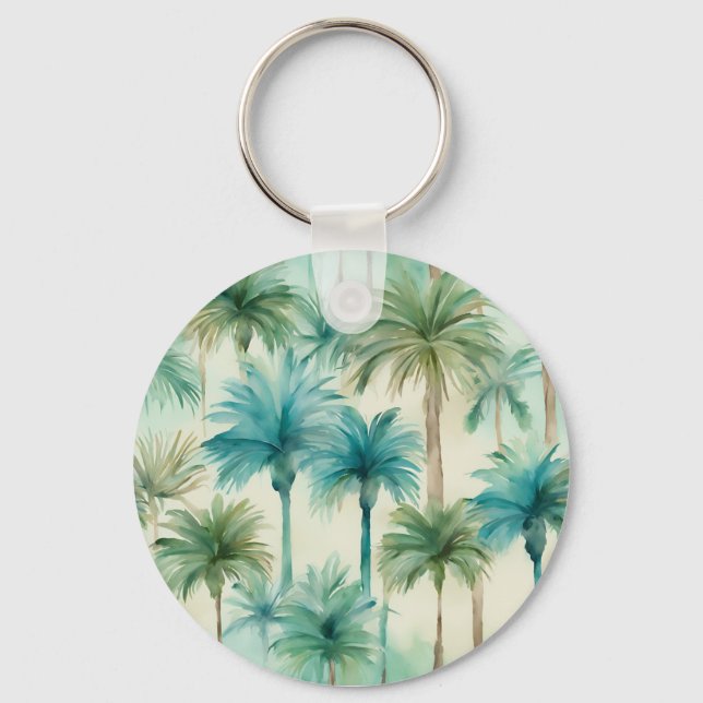 Teal Blue Green Palm Trees Pattern Keychain (Front)