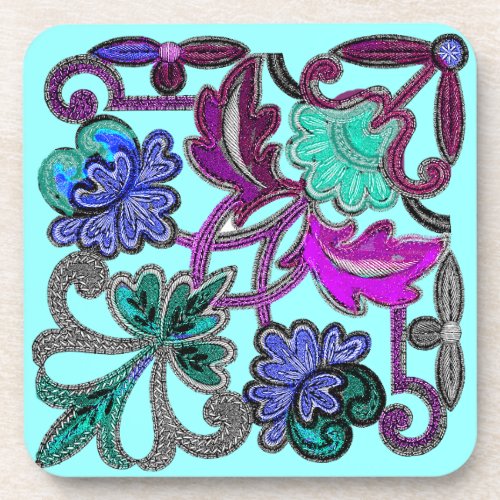 TEAL BLUE GREEN PURPLE  LACE FLOWERS BEVERAGE COASTER