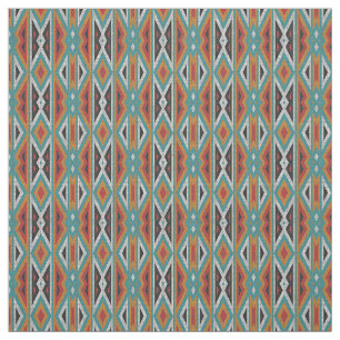 Teal Blue Green Red Terra Cotta Tribal Art Pattern Fabric