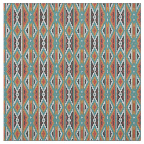 Teal Blue Green Red Terra Cotta Tribal Art Pattern Fabric