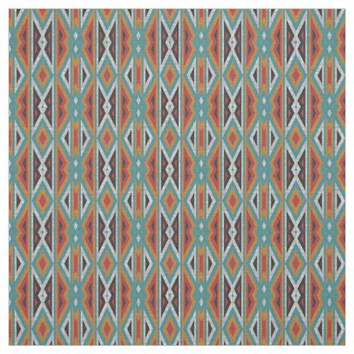 Teal Blue Green Red Terra Cotta Tribal Art Pattern Fabric