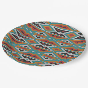 Teal Blue Green Red Terra Cotta Tribal Art Pattern Paper Plates