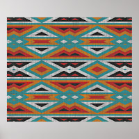 Teal Blue Green Red Terra Cotta Tribal Art Pattern
