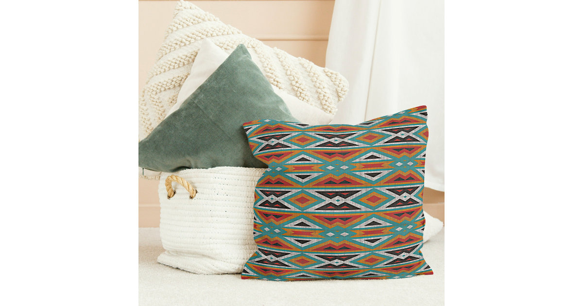 Modern turquoise red ikat tribal pattern monogram throw pillow
