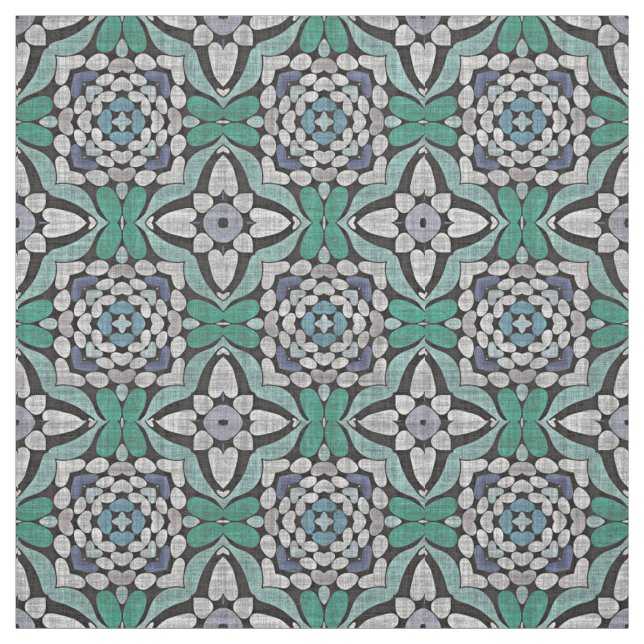 Teal Blue Green Retro Chic Nouveau Deco Pattern Fabric (Swatch)