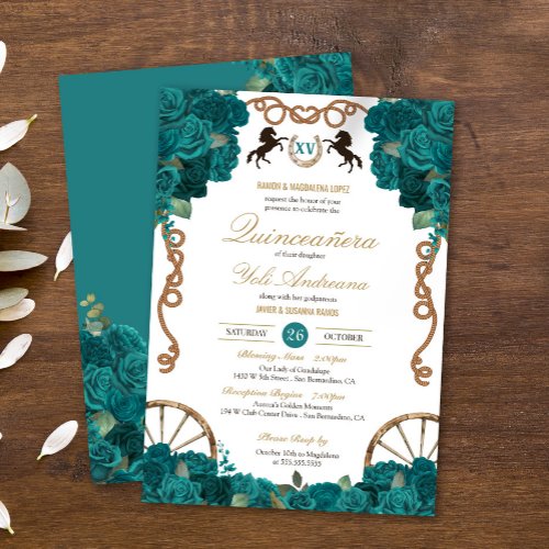 Teal Blue Green Rose Country Western Quinceanera Invitation