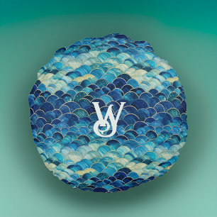 Teal Blue Green Sea Waves Mermaid Scales Monogram Round Pillow