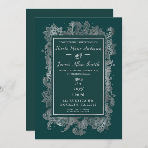 Teal Blue Green  Silver Elegant Floral Wedding Invitation