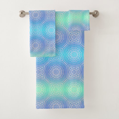 Teal Blue Green Silver Ombre Arabesque Geometric Bath Towel Set
