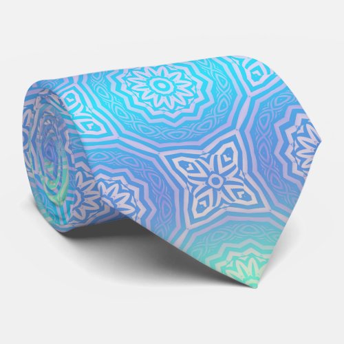Teal Blue Green Silver Ombre Arabesque Geometric Neck Tie