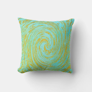 Teal Blue Green Swirl Abstract Gold Golden Glitter Outdoor Pillow