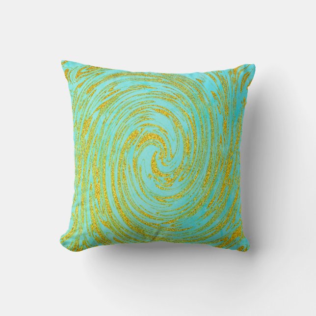 Teal Blue Green Swirl Abstract Gold Golden Glitter Throw Pillow (Front)