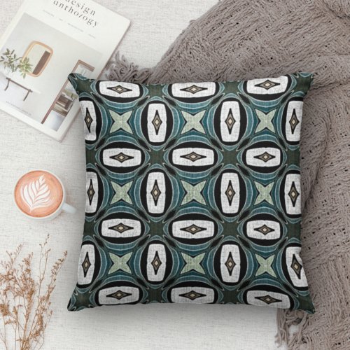 Teal Blue Green Taupe Brown Bohemian Tribe Art Throw Pillow