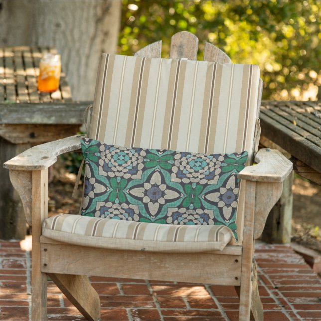Teal Blue Green Taupe Brown Orient Tribal Art Lumbar Pillow (Chair)