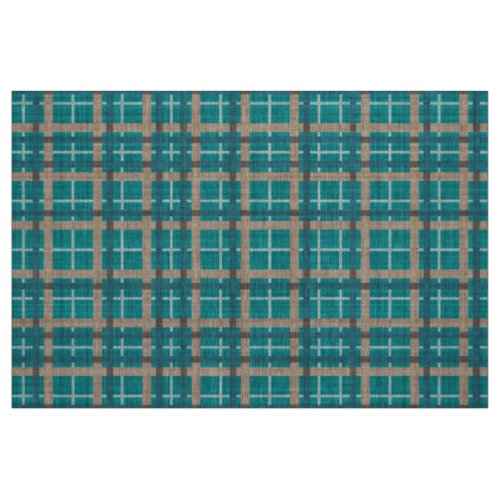 Teal Blue Green Taupe Brown Tartan Squares Pattern Fabric
