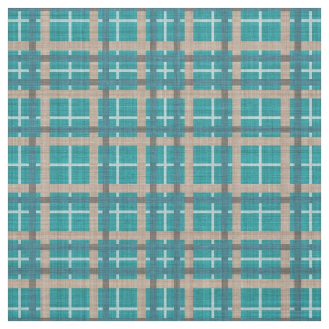 Teal Blue Green Taupe Brown Tartan Squares Pattern Fabric (Swatch)