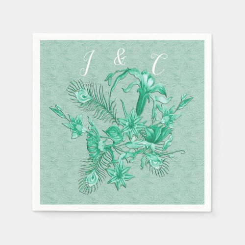 Teal Blue _ Green textured background with flowers Napkins