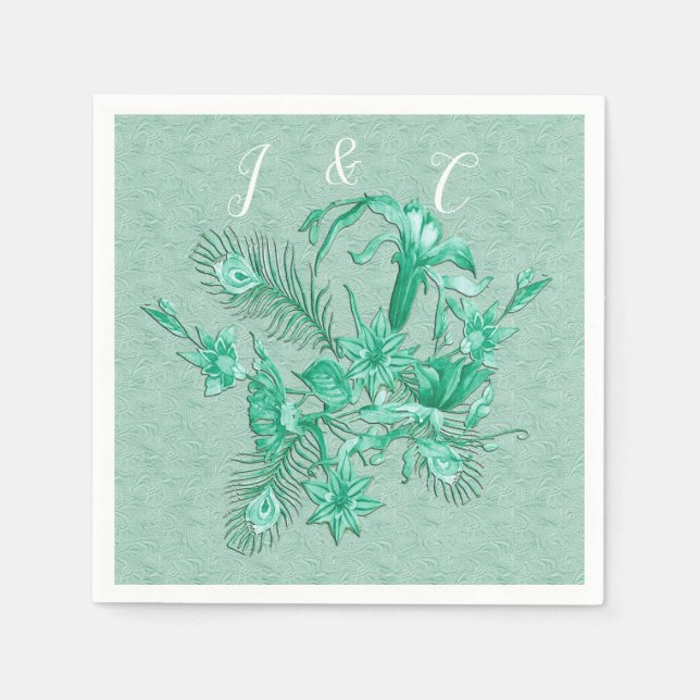 Teal Blue - Green textured background with flowers Napkins (Front)