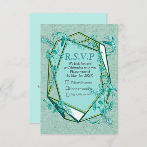 Teal Blue _ Green textured background with flowers RSVP Card