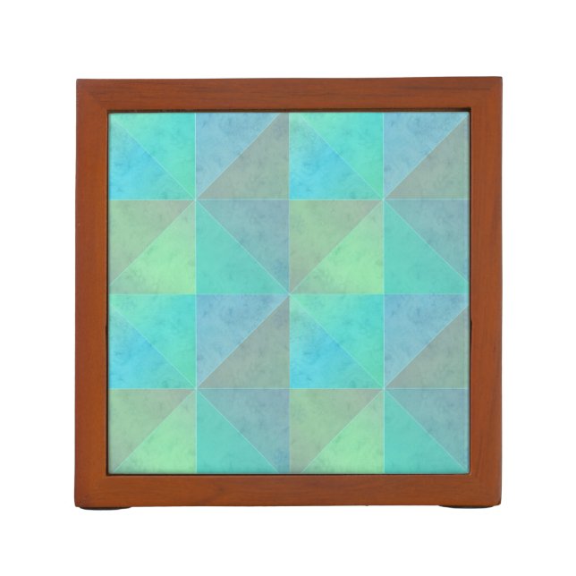 Teal Blue Green Triangles Geometric Art Pattern Desk Organizer (Back)