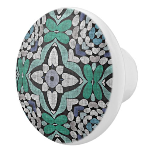 Teal Blue Green Turquoise Floral Ethnic Tribe Art Ceramic Knob