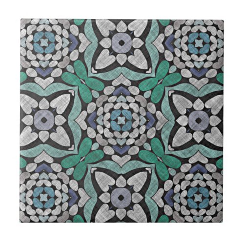 Teal Blue Green Turquoise Floral Ethnic Tribe Art Ceramic Tile