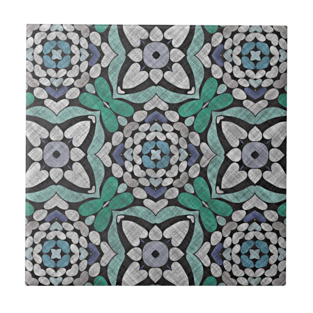 Teal Blue Green Turquoise Floral Ethnic Tribe Art Ceramic Tile (Front)