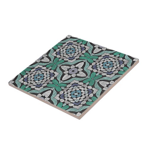 Teal Blue Green Turquoise Floral Ethnic Tribe Art Tile