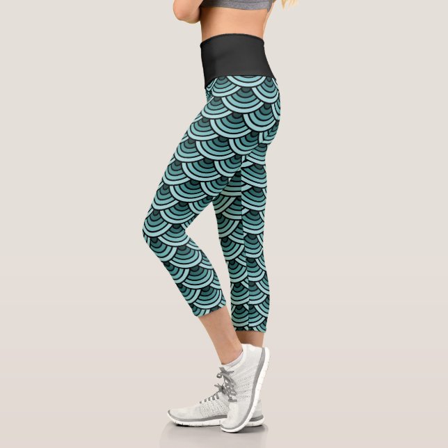 Teal Blue Green Wave Circles Art Pattern Capri Leggings (Left)