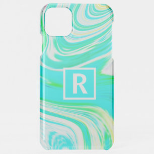 Teal Blue Green White Abstract Waves Monogram Cute iPhone 11 Pro Max Case