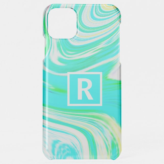 Teal Blue Green White Abstract Waves Monogram Cute Uncommon iPhone Case (Back)