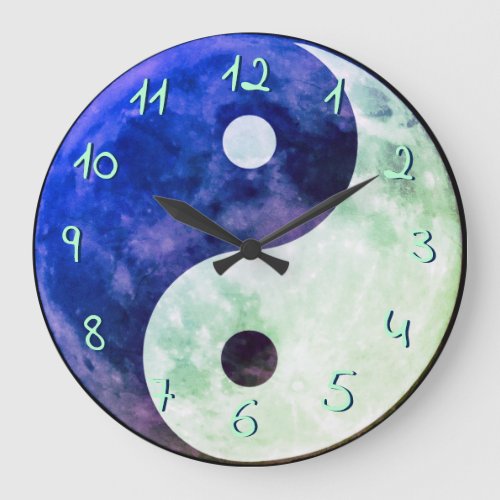 Teal Blue Green Yin Yang Moon European Numbers Large Clock