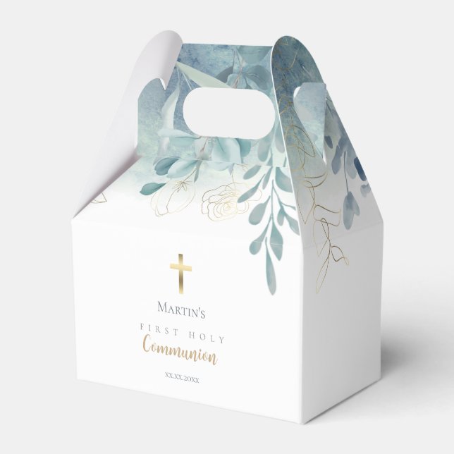 teal blue greenery First Holy Communion  Favor Boxes (Front Side)
