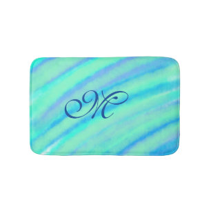 Teal blue greenwatercolor lines add your monogram bath mat
