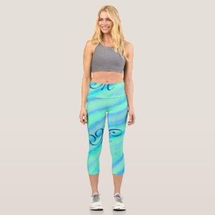 Teal blue greenwatercolor lines add your monogram  capri leggings