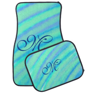 Teal blue greenwatercolor lines add your monogram  car floor mat